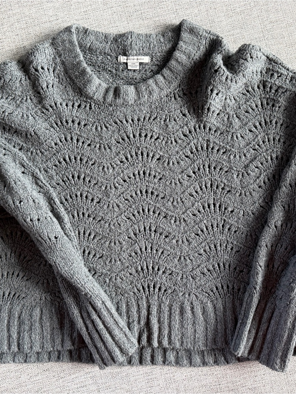 American Eagle Outfitters Gray Openwork Knit Crewneck Sweater